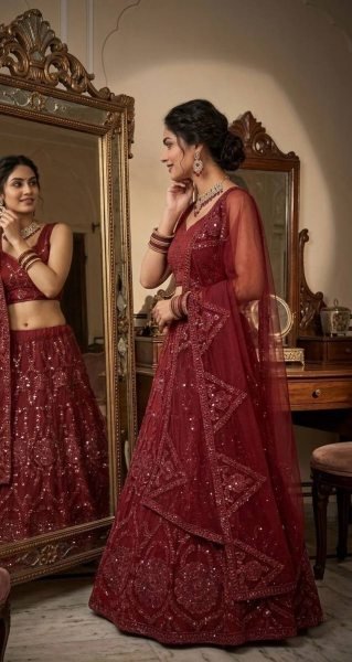 Artisanal Red Butterfly Net Lehenga with Coding Sequins Work for Wedding Wear Bridal Lehenga Choli
