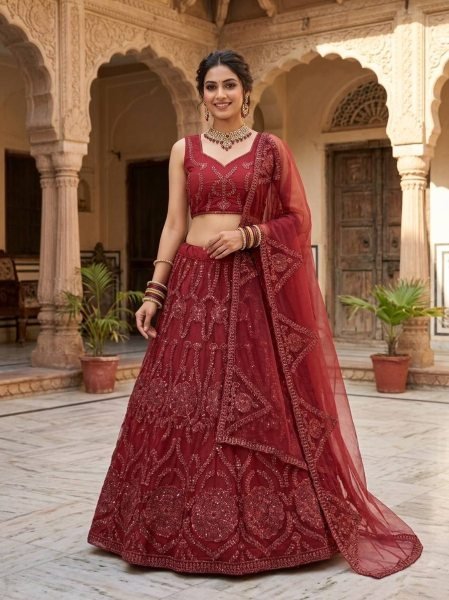Artisanal Red Butterfly Net Lehenga with Coding Sequins Work for Wedding Wear Bridal Lehenga Choli