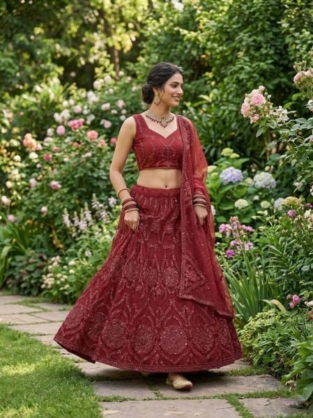 Artisanal Red Butterfly Net Lehenga with Coding Sequins Work for Wedding Wear Bridal Lehenga Choli