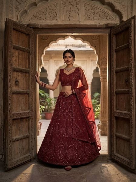 Artisanal Red Butterfly Net Lehenga with Coding Sequins Work for Wedding Wear Bridal Lehenga Choli