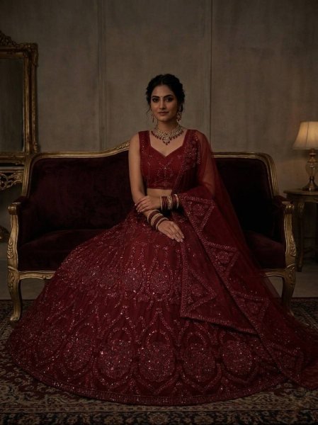 Artisanal Red Butterfly Net Lehenga with Coding Sequins Work for Wedding Wear Bridal Lehenga Choli