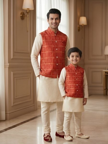 Artisanal Red Cream Ready to Wear Malai Satin Kurta Koti Set for Family Matching Outfits 