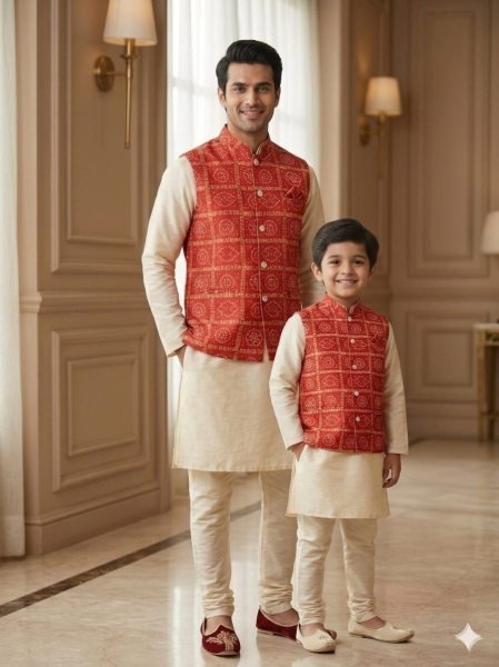 Artisanal Red Cream Ready to Wear Malai Satin Kurta Koti Set for Family Matching Outfits Father Son Collection 