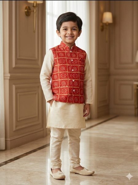 Artisanal Red Cream Ready to Wear Malai Satin Kurta Koti Set for Family Matching Outfits Father Son Collection 