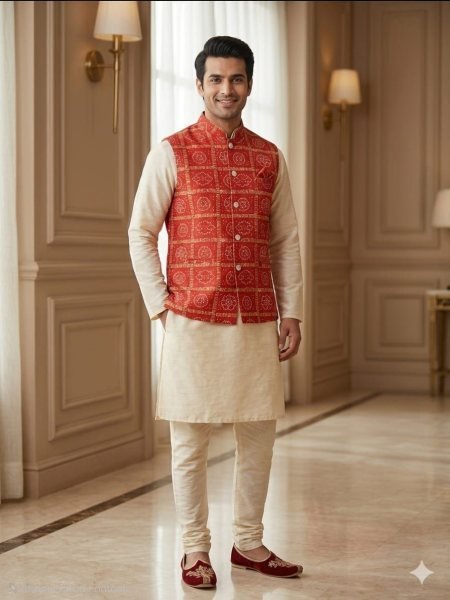 Artisanal Red Cream Ready to Wear Malai Satin Kurta Koti Set for Family Matching Outfits Father Son Collection 