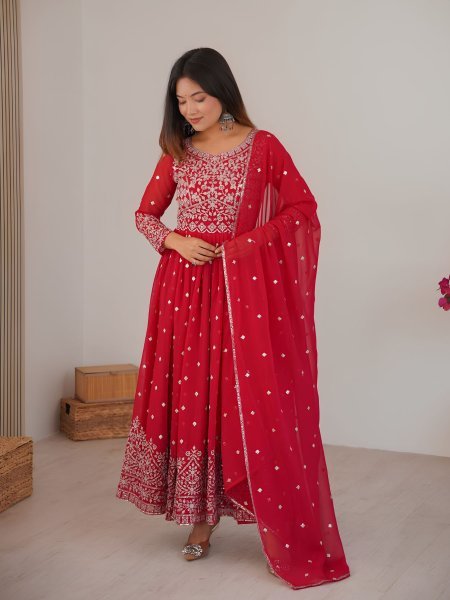 Artisanal Red Georgette Anarkali Suit Set With Thread Work For Dropshipping Suppliers Ready To Wear Suit