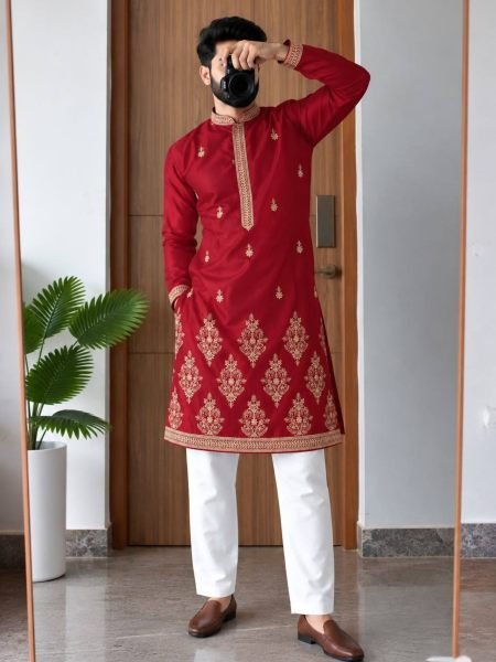 Artisanal Red Premium Embroidered Royal Silk Kurta for Men at Wholesale Rate 