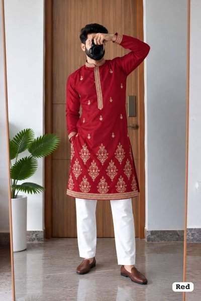 Artisanal Red Premium Embroidered Royal Silk Kurta for Men at Wholesale Rate Kurta Pajama Wholesale