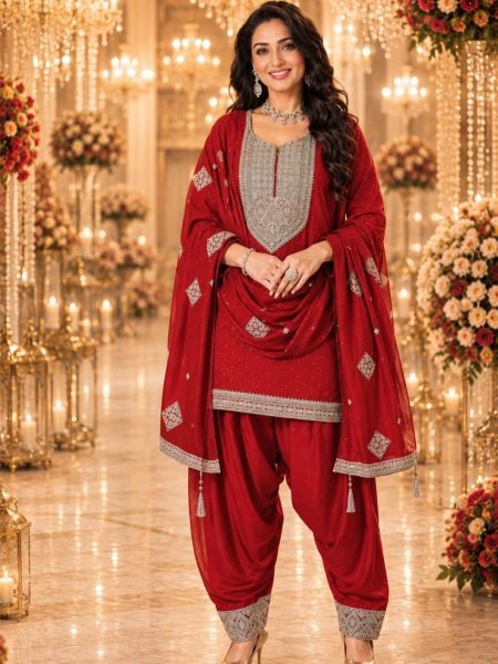 Artisanal Red Women Vichitra Silk Kurti with Designer Farshi Salwar and Dupatta Salwar Kameez