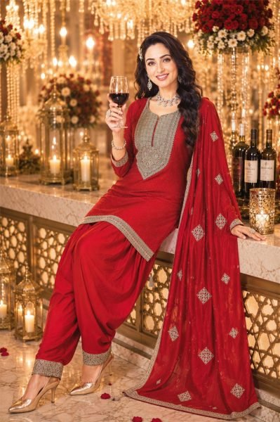 Artisanal Red Women Vichitra Silk Kurti with Designer Farshi Salwar and Dupatta Embroidery Suits Wholesale