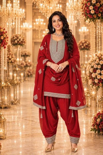 Artisanal Red Women Vichitra Silk Kurti with Designer Farshi Salwar and Dupatta Embroidery Suits Wholesale