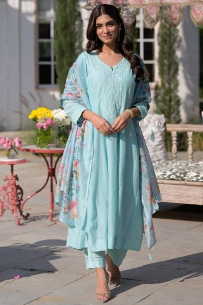 Artisanal Sky Blue Chanderi Kurti Pant Set with Taby Dupatta for Casual Wear at Bulk Rate Embroidery Kurtis 