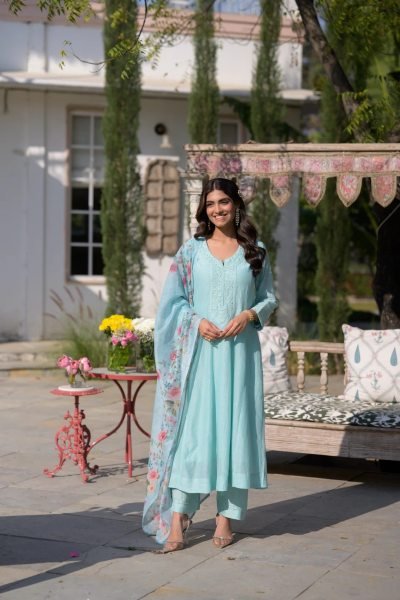 Artisanal Sky Blue Chanderi Kurti Pant Set with Taby Dupatta for Casual Wear at Bulk Rate Embroidery Kurtis 