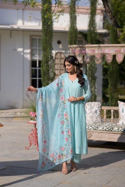 Artisanal Sky Blue Chanderi Kurti Pant Set with Taby Dupatta for Casual Wear at Bulk Rate Embroidery Kurtis 