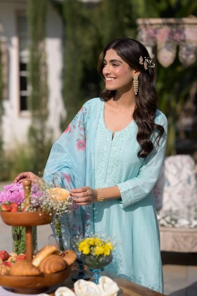 Artisanal Sky Blue Chanderi Kurti Pant Set with Taby Dupatta for Casual Wear at Bulk Rate Embroidery Kurtis 