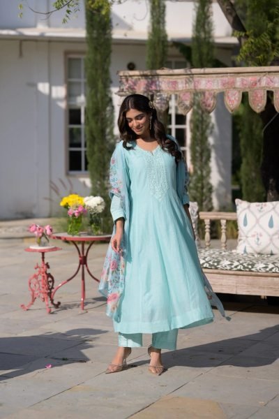 Artisanal Sky Blue Chanderi Kurti Pant Set with Taby Dupatta for Casual Wear at Bulk Rate Embroidery Kurtis 