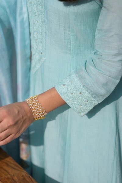 Artisanal Sky Blue Chanderi Kurti Pant Set with Taby Dupatta for Casual Wear at Bulk Rate Embroidery Kurtis 
