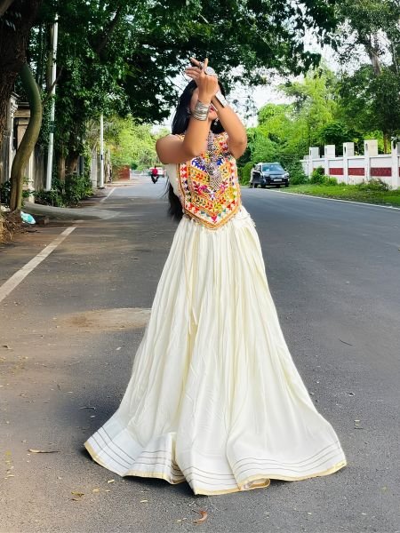 Artisanal White Rayon Lehenga Choli with Embroidered Real Mirror Work Blouse  Lehenga