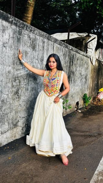 Artisanal White Rayon Lehenga Choli with Embroidered Real Mirror Work Blouse Navratri Lehnega Choli