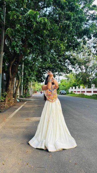 Artisanal White Rayon Lehenga Choli with Embroidered Real Mirror Work Blouse Navratri Lehnega Choli