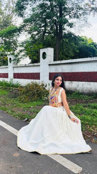 Artisanal White Rayon Lehenga Choli with Embroidered Real Mirror Work Blouse Navratri Lehnega Choli