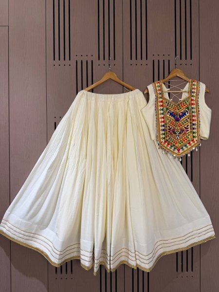 Artisanal White Rayon Lehenga Choli with Embroidered Real Mirror Work Blouse Navratri Lehnega Choli