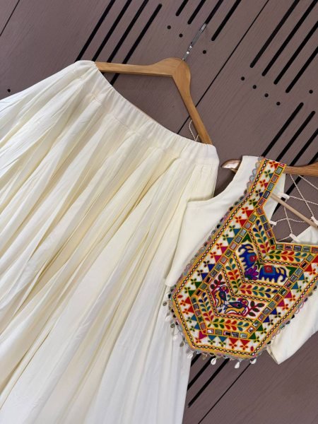 Artisanal White Rayon Lehenga Choli with Embroidered Real Mirror Work Blouse Navratri Lehnega Choli