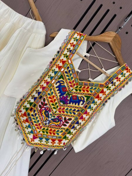 Artisanal White Rayon Lehenga Choli with Embroidered Real Mirror Work Blouse Navratri Lehnega Choli