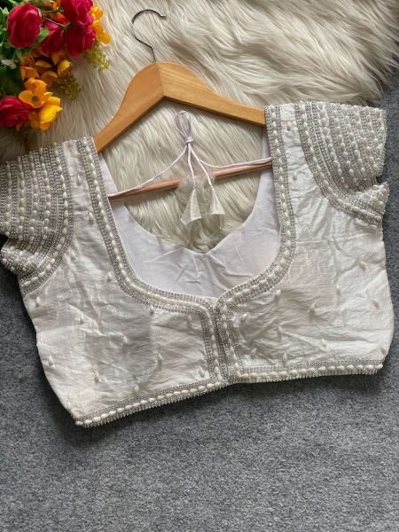 Artisanal White Silk Bridal Blouse with Rich Pearl Embroidery Majestic Party Wear Blouse Collection