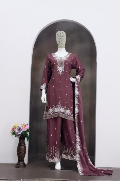 Artisanal Wine Premium Ethnic Wear Set with Sequins and Beads Detailing Designer Plazzo Salwar Suits Wholesale