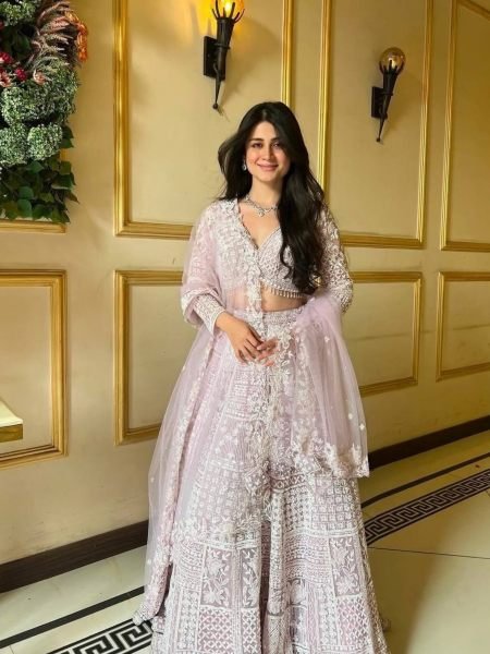 Artistic Baby Pink Party Wear Net Lehenga with Sequin Work and Can Can Flair 