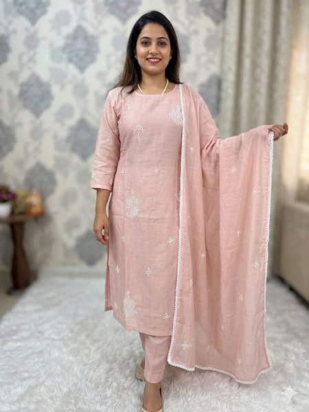 Artistic Baby Pink Pure Chanderi Moti Work Kurti Set for Festive and Office Wear Kurtis