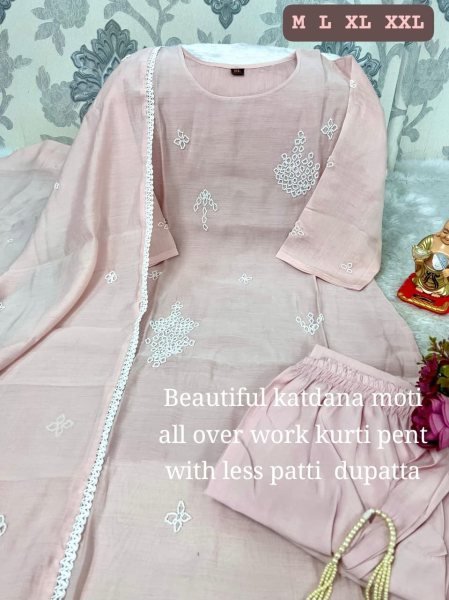 Artistic Baby Pink Pure Chanderi Moti Work Kurti Set for Festive and Office Wear  Straight Cut Long Kurtis