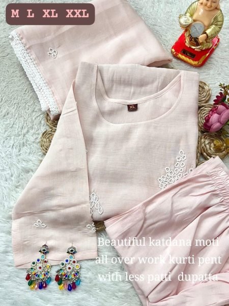 Artistic Baby Pink Pure Chanderi Moti Work Kurti Set for Festive and Office Wear  Straight Cut Long Kurtis
