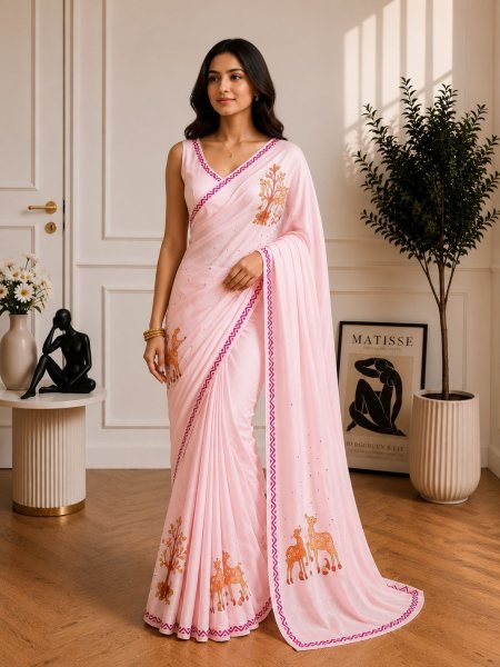 Artistic Baby Pink Women's Ethnic Soft Chinon Saree with Elegant Printed Blouse Sarees 