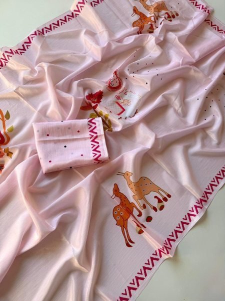 Artistic Baby Pink Women's Ethnic Soft Chinon Saree with Elegant Printed Blouse Silk Sarees Wholesale