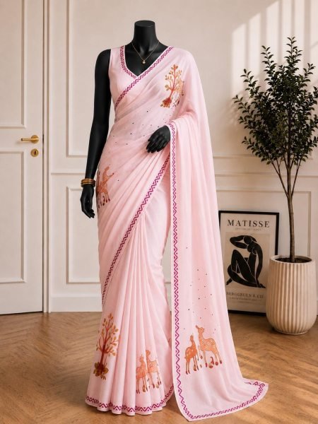 Artistic Baby Pink Women's Ethnic Soft Chinon Saree with Elegant Printed Blouse Silk Sarees Wholesale