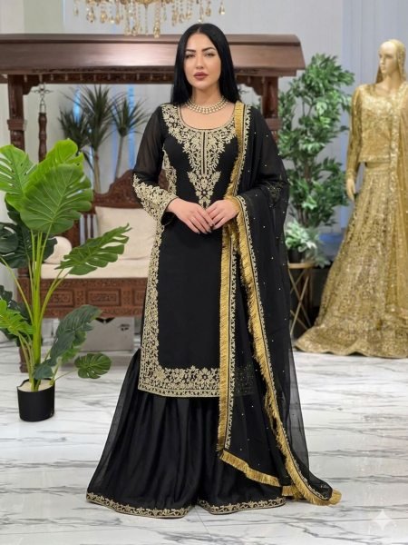 Artistic Black Faux Georgette Palazzo Suit with Sequins Work for Party Wear