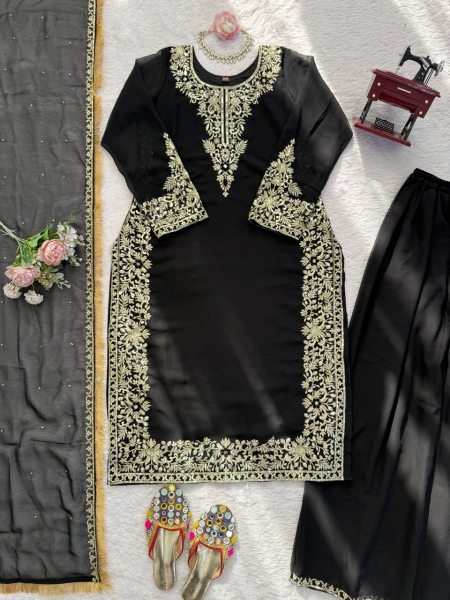 Artistic Black Faux Georgette Palazzo Suit with Sequins Work for Party Wear Ready To Wear Collection