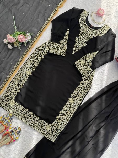 Artistic Black Faux Georgette Palazzo Suit with Sequins Work for Party Wear Ready To Wear Collection