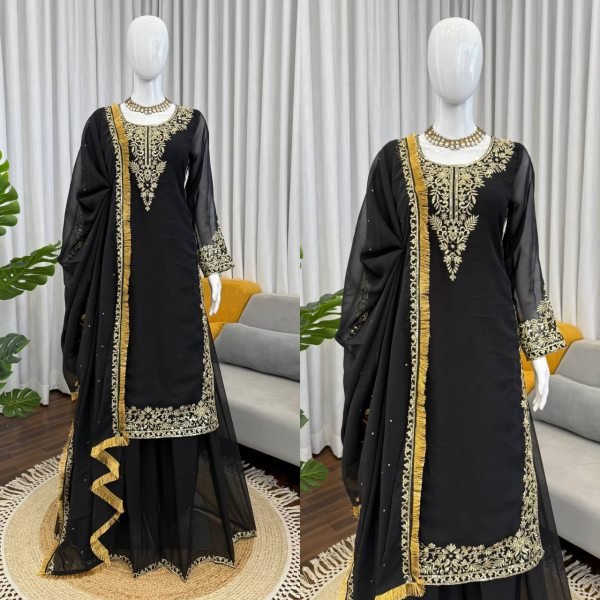 Artistic Black Faux Georgette Palazzo Suit with Sequins Work for Party Wear Ready To Wear Collection