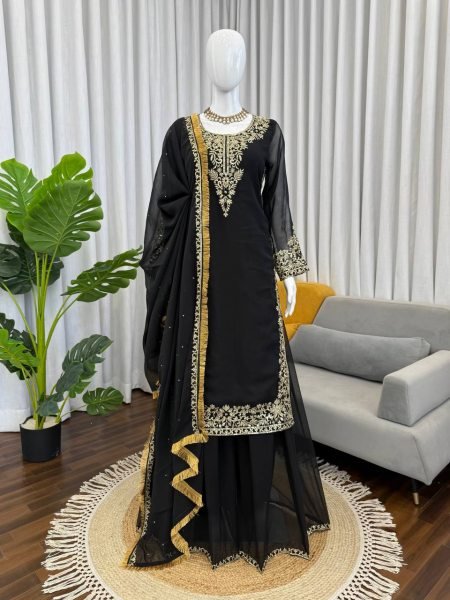 Artistic Black Faux Georgette Palazzo Suit with Sequins Work for Party Wear Ready To Wear Collection