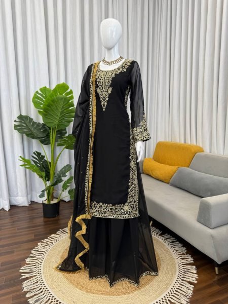Artistic Black Faux Georgette Palazzo Suit with Sequins Work for Party Wear Ready To Wear Collection