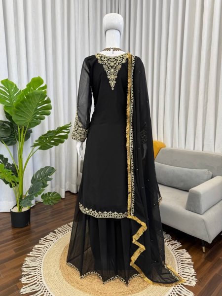 Artistic Black Faux Georgette Palazzo Suit with Sequins Work for Party Wear Ready To Wear Collection