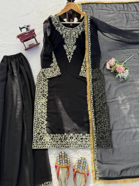 Artistic Black Faux Georgette Palazzo Suit with Sequins Work for Party Wear Ready To Wear Collection