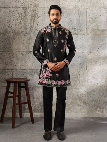 Artistic Black Men's Embroidered Kurta Pant Set in Japanese Fabric for Festive Wear 