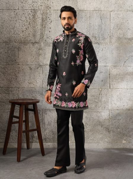 Artistic Black Men's Embroidered Kurta Pant Set in Japanese Fabric for Festive Wear Mens Short Kurta