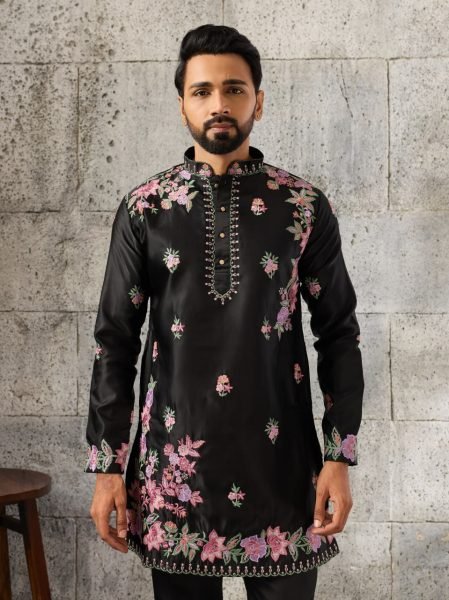 Artistic Black Men's Embroidered Kurta Pant Set in Japanese Fabric for Festive Wear Mens Short Kurta