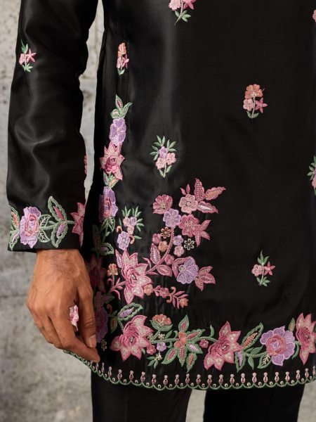 Artistic Black Men's Embroidered Kurta Pant Set in Japanese Fabric for Festive Wear Mens Short Kurta