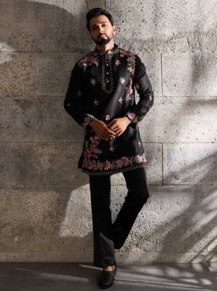 Artistic Black Men's Embroidered Kurta Pant Set in Japanese Fabric for Festive Wear Mens Short Kurta